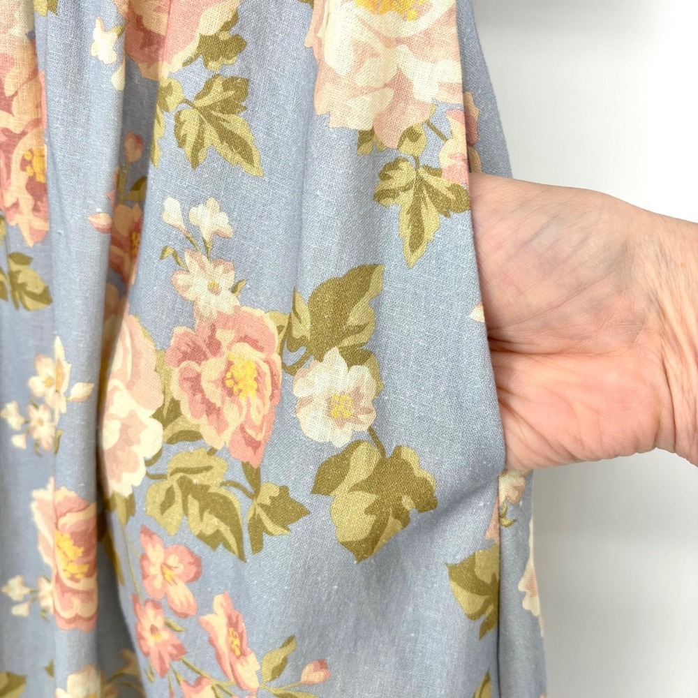 Yumi Kim Gayle Dress Sz XS Blue Pink Linen Blend Floral Puff Sleeve V Neck Midi - Picture 7 of 16